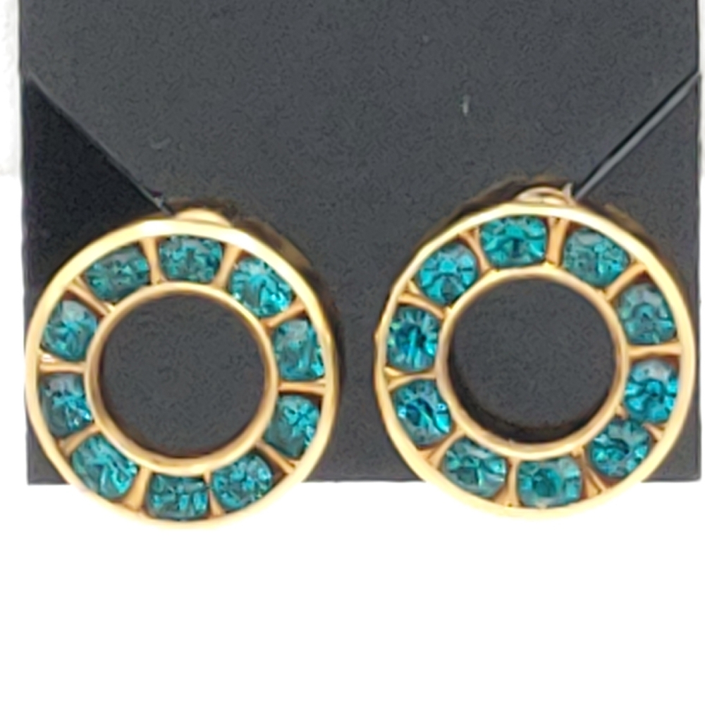 EUC Gold tone and turquoise rhinestones post earrings shaped like wreaths